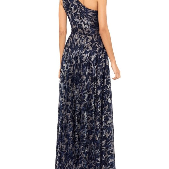 Betsy & Adam Navy & Silver One-Shoulder Gown With Metallic Leaf Pattern & Keyhol - Picture 2 of 6